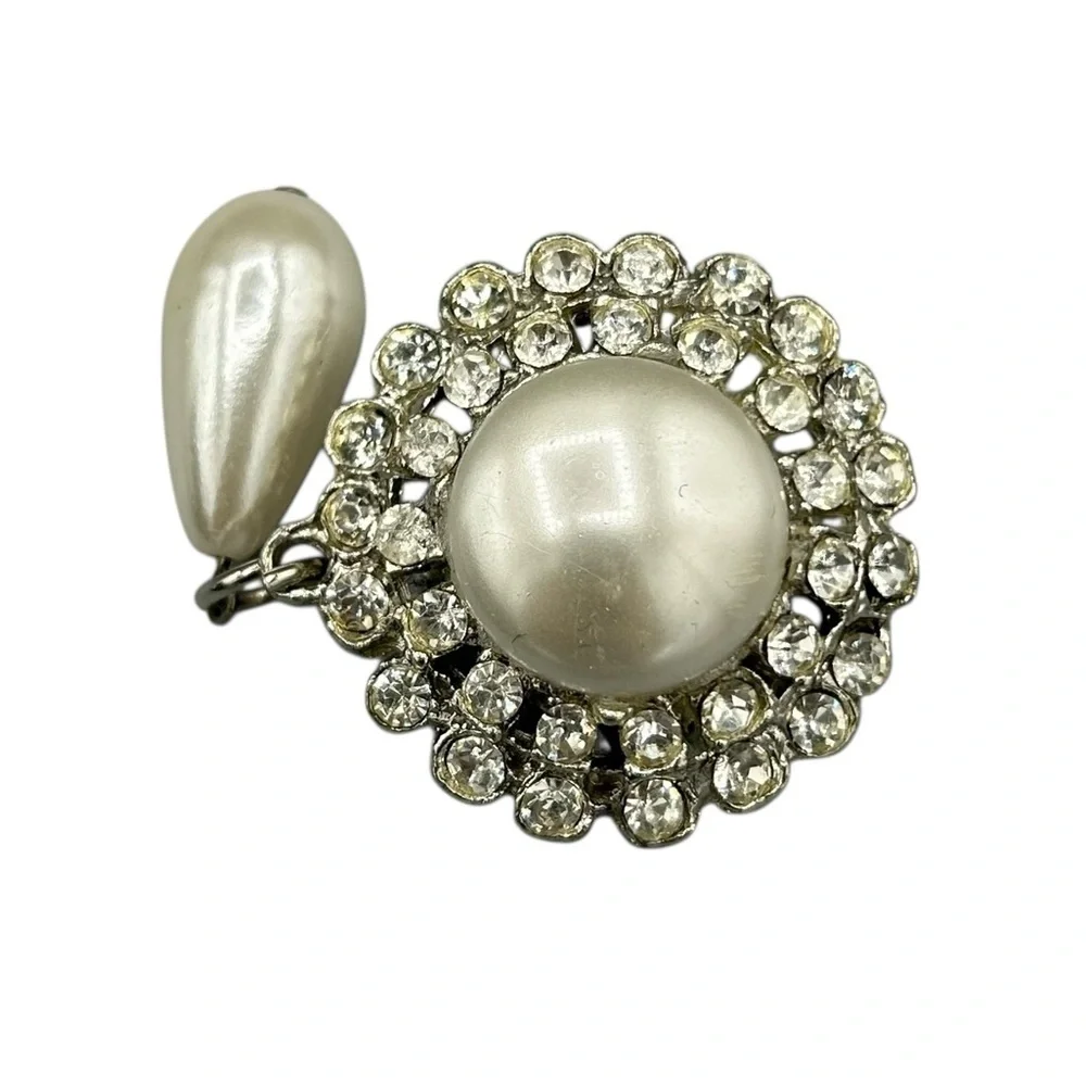 Vintage 1950s Pearl Rhinestone Drop Brooch | Mid Century Glam